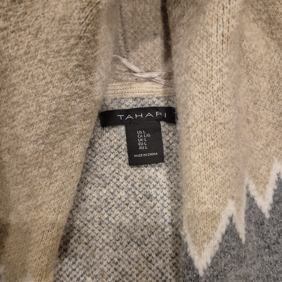 Tahari Aztec Southwest Open Front Cardigan Sweater Large Shawl Collar Boho Tan - Picture 3 of 5